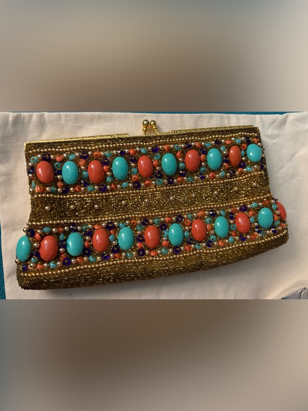 Antique Beaded Clutch in Turquoise, Coral & Gold